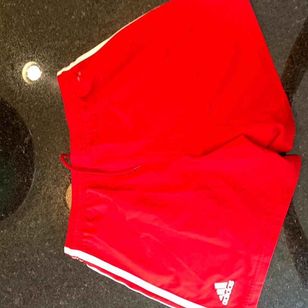 Red adidas soccer shorts